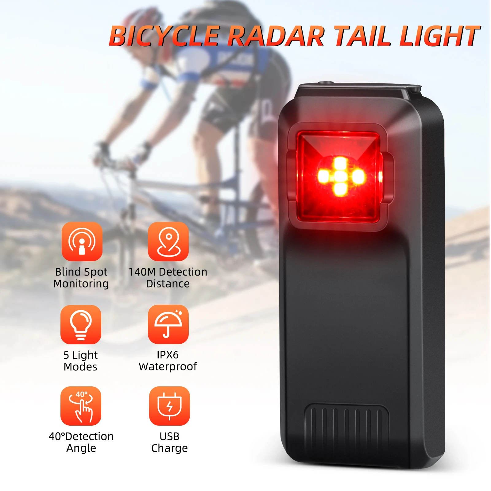 W100  Bicycle Radar Taillight Bike Rearview Sensor Compatibility with Cycling Cyclocomputer IPX6 Waterproof Brake Sensing Lamp