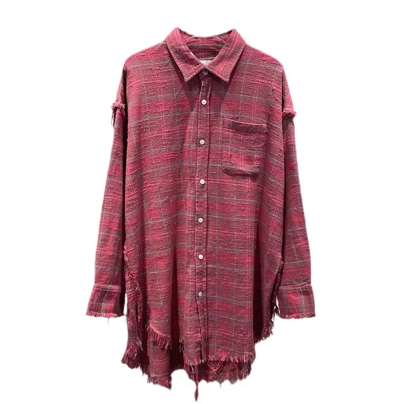 Niche 2024 Otoño e Invierno nuevo vintage a cuadros borde crudo empalme camisa de manga larga contraste color blusa suelta Mujer