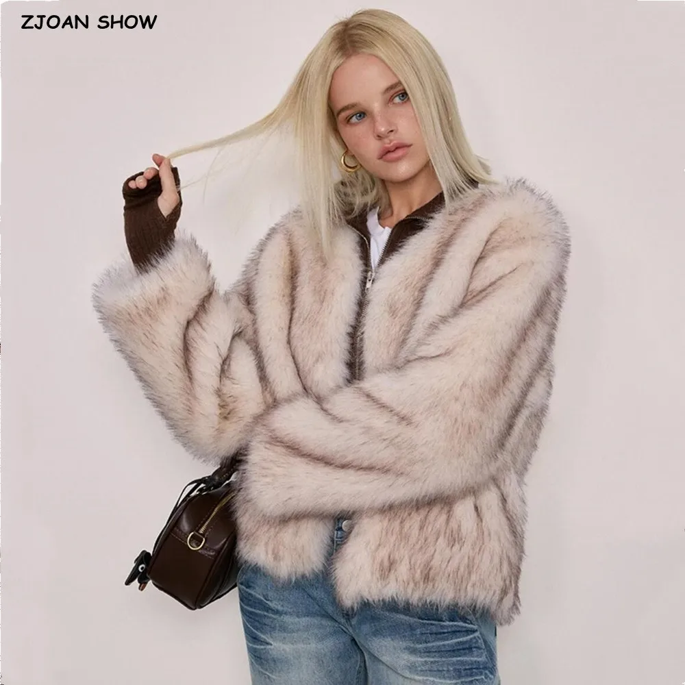 2024 Winter Milky Gradient Hairy Shaggy Fox Faux Fur Coat Full sleeve Furry Women V neck Covered Buttons Loose Furry Outerwear