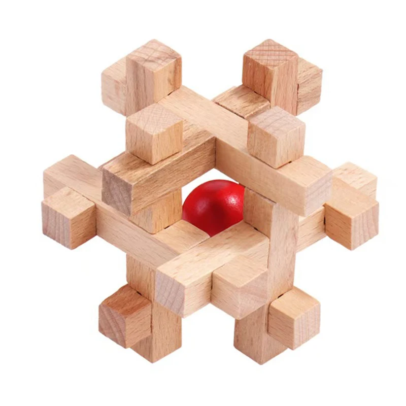 

Luban Lock Cage Apart Red Ball Removing Assembling Wooden Brain Teaser Puzzles for Adults Kids Unique IQ Educational Toys