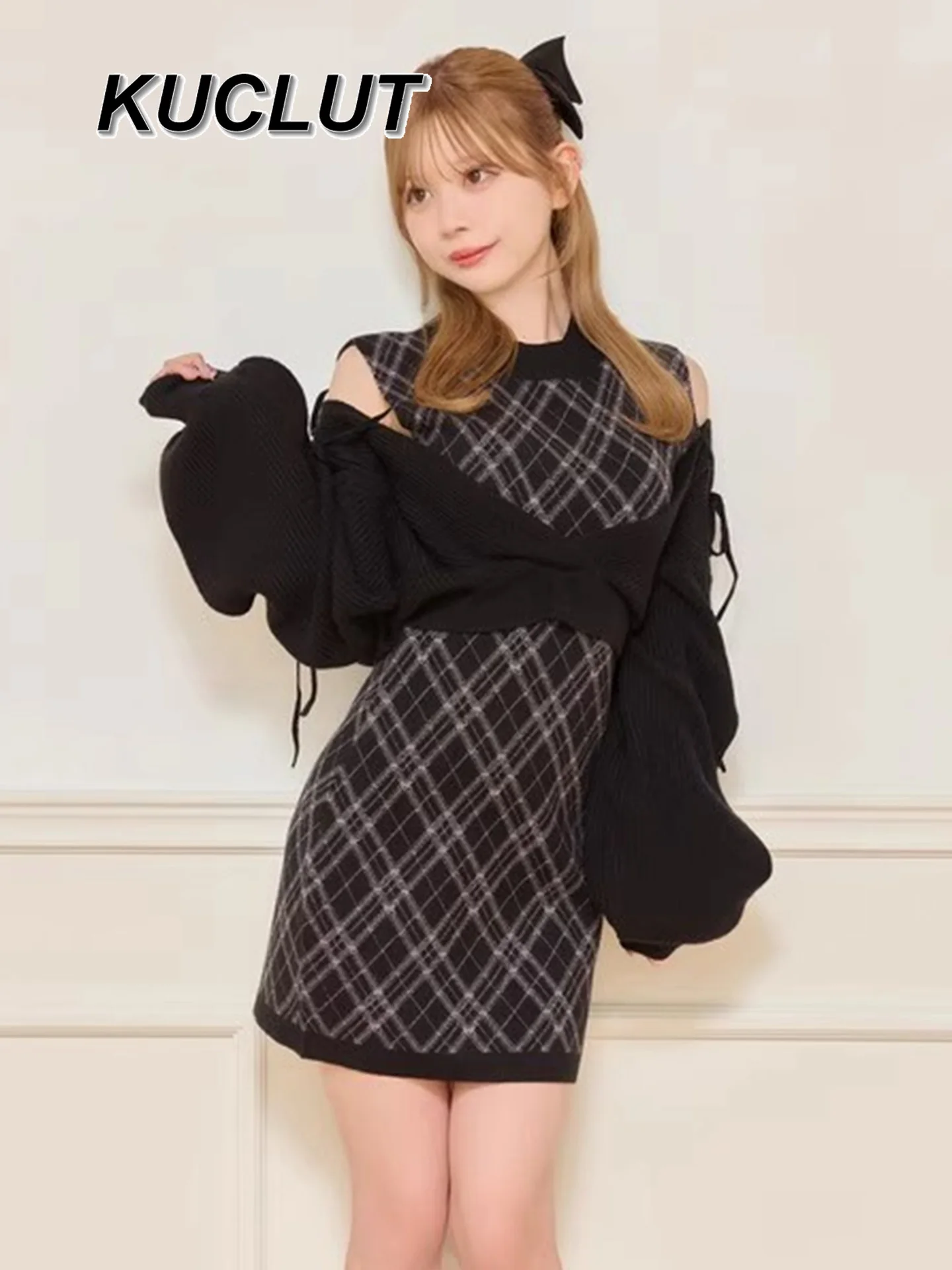 

Fashion Autumn Winter New Women's Elegant Outfits Sweet Japanese Style Layered Knitted Plaid Dress Two-Piece Sets for Women