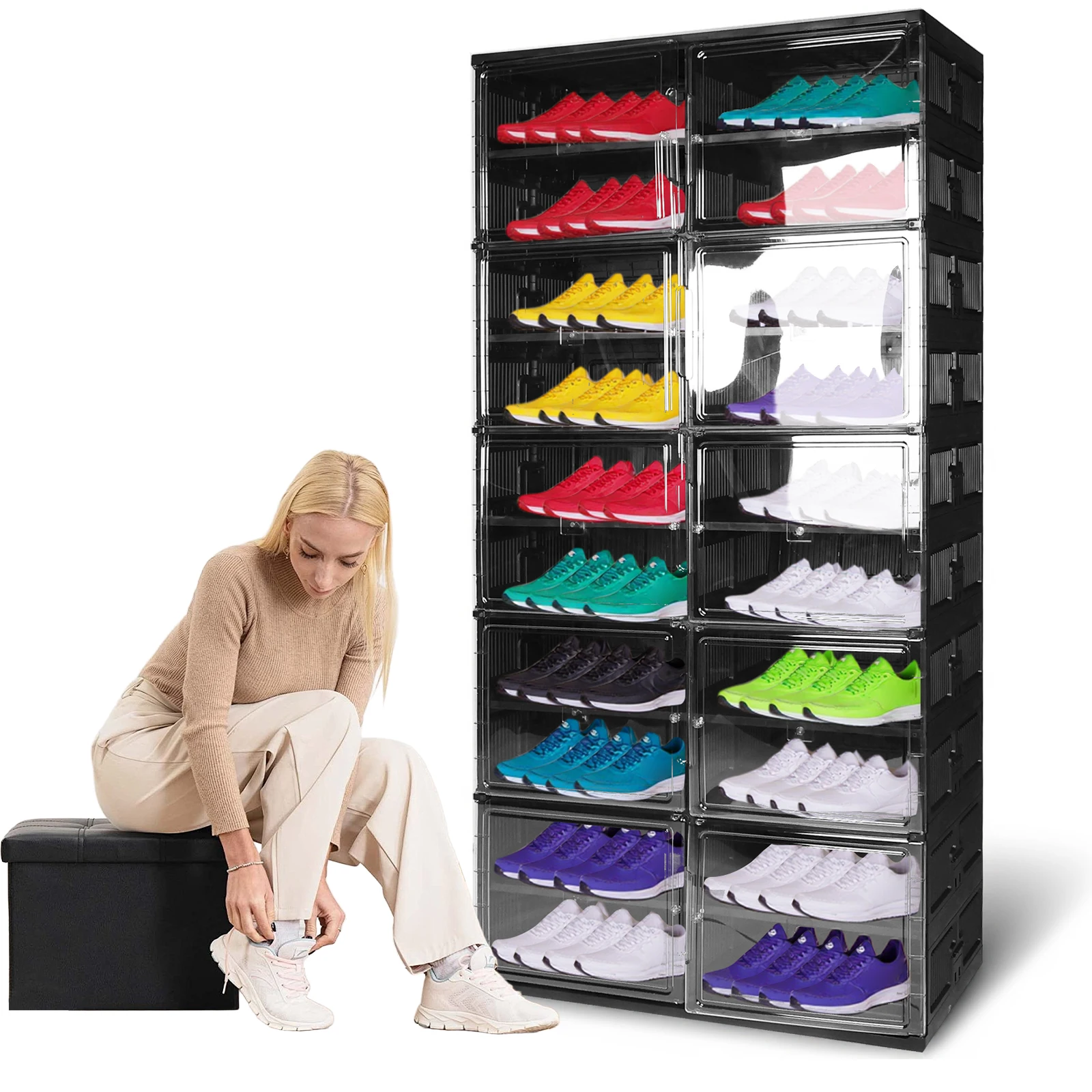 10 طبقات 40 زوجًا من صندوق تخزين الأحذية القابل للطي مع باب مغناطيسي شفاف خزانة الأحذية البلاستيكية رف الأحذية للمدخل والخزانة
