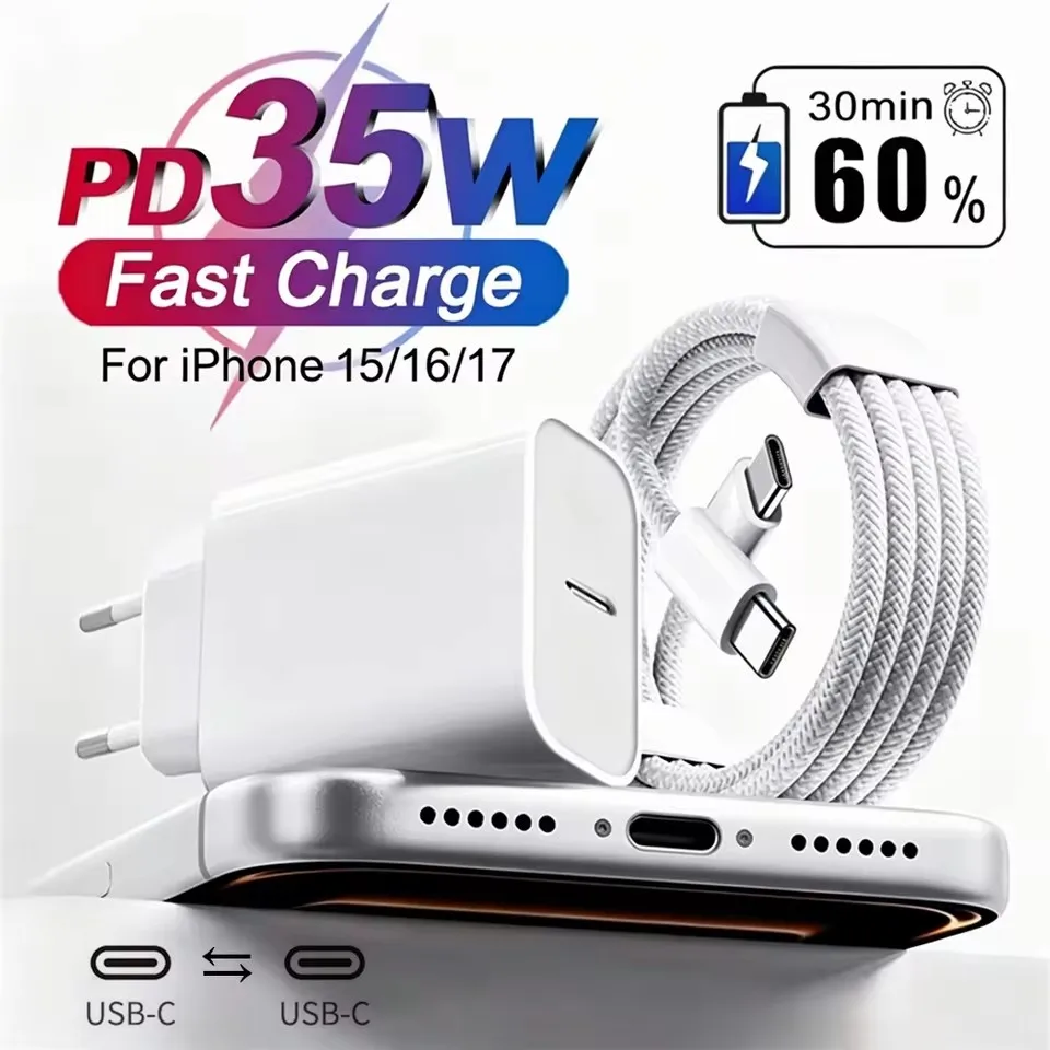 35W USB-C EU Plug PD Fast Charger For iPhone 15 16 Plus 17 Pro Max Samsung S26 Moto Dual Type C Quick Charging Braided Cable Kit