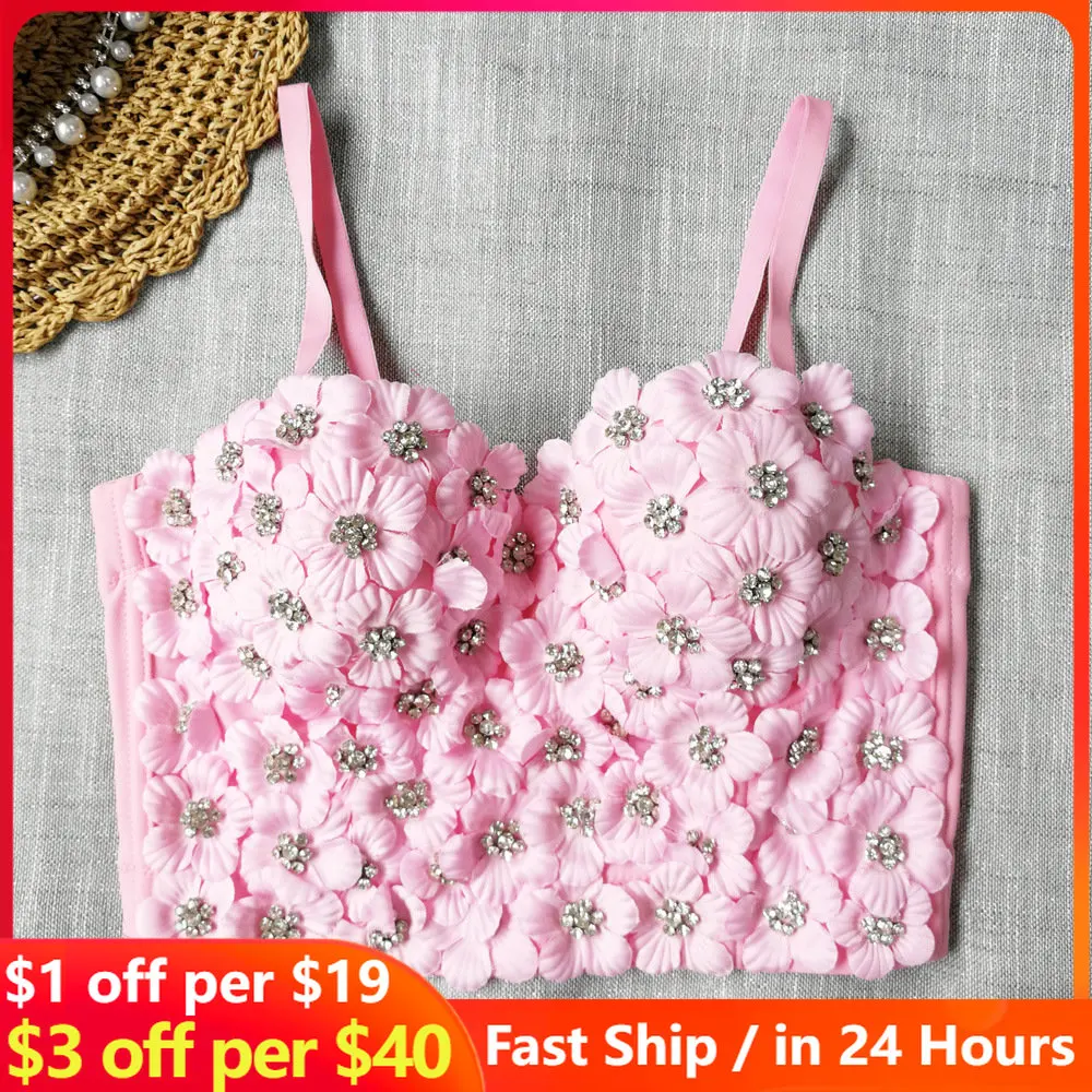 

New Flower Beaded Hanging Strap Women's Sweet Small Vest Waist Slim Short Shaped Crop Tops Girl Petal Wrapping Breast Wholesale