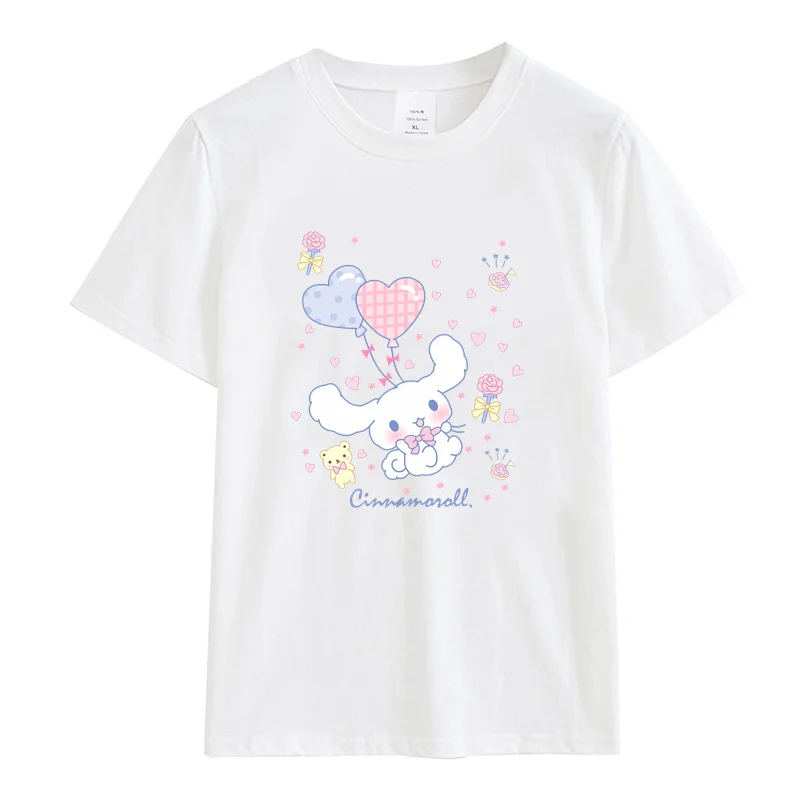 Sanrio Cinnamoroll T Shirt 100%Cotton Women O Neck Loose TShirt Kawaii Cartoon Tshirt Short Sleeve T-shirt Summer Clothe Girl