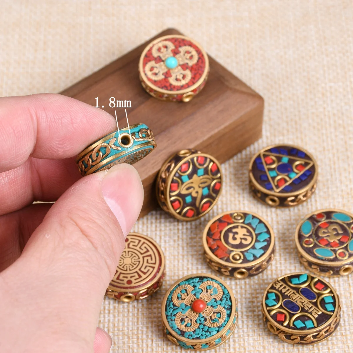 Nepalese Buddhist Handmade Flat Round 22mm Tibetan Brass Metal & Clay Loose Craft Beads for Jewelry Making DIY Necklace