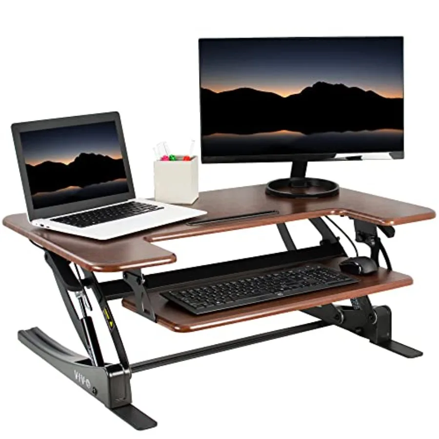 

Office height-adjustable sit-stand desk converter aluminum frame black quick dual-monitor riser for 36-inch tabletop workstatio