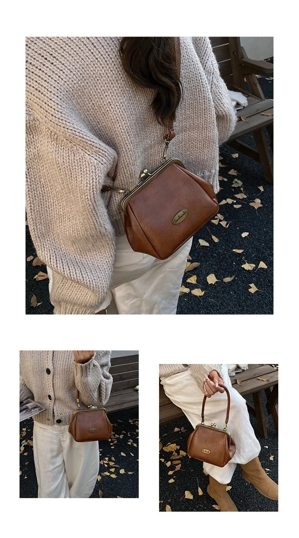 Retro Kiss Lock Umhängetasche aus PU-Leder, einfarbig, kleine Handtasche, großes Fassungsvermögen, Geldbörse mit Metallclip – Detail 3