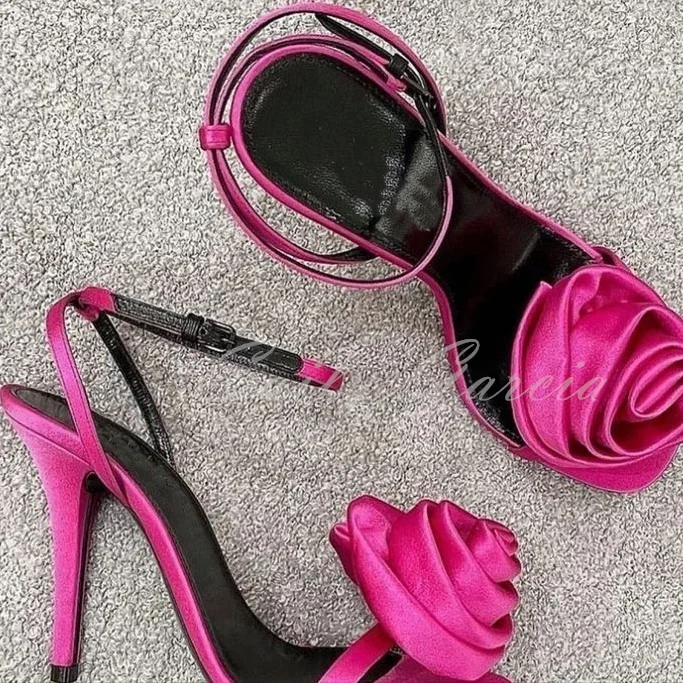 Red Rose Peep Toe High Heel Sandals Women Flower Decoration Stiletto Heel Buckle Strap Elegant Ladies Sexy Party Dress Shoes - view 2