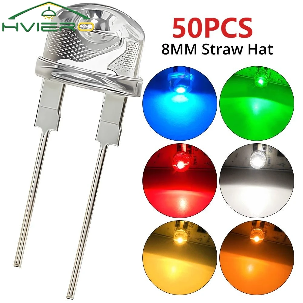 Diode super lumineuse LED, ampoule de puissance, blanc, rouge, jaune, bleu, vert, lumière émettant de la lumière, décoration d'ambiance néon, perle de lampe, 8mm, 50 pièces