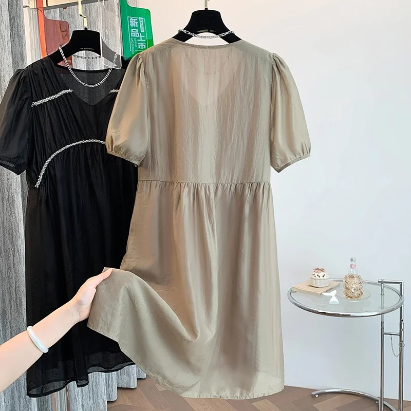 Ele v-ne dr feminino verão novo solto plus size saia evasê emagrecimento fibra de poliéster ort sve casual dr