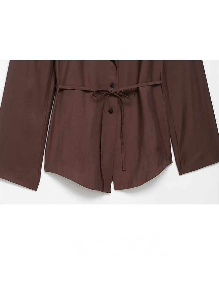 HH Women's Summer Fashion Suit Brown Turn-Down Collar Long Sleeves Bow Lace-Up Single-Breasted Coat+High Waist Zipper Shorts