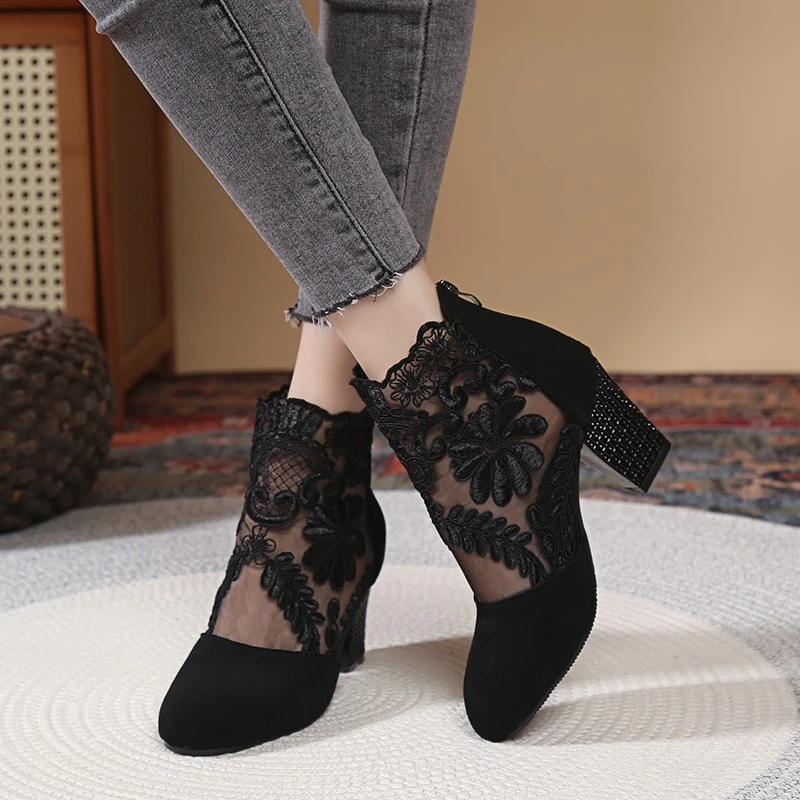 Suede mesh cool boots for women2025 new style lace round toe back zipper high heels color blocked fashionable women's cool boots