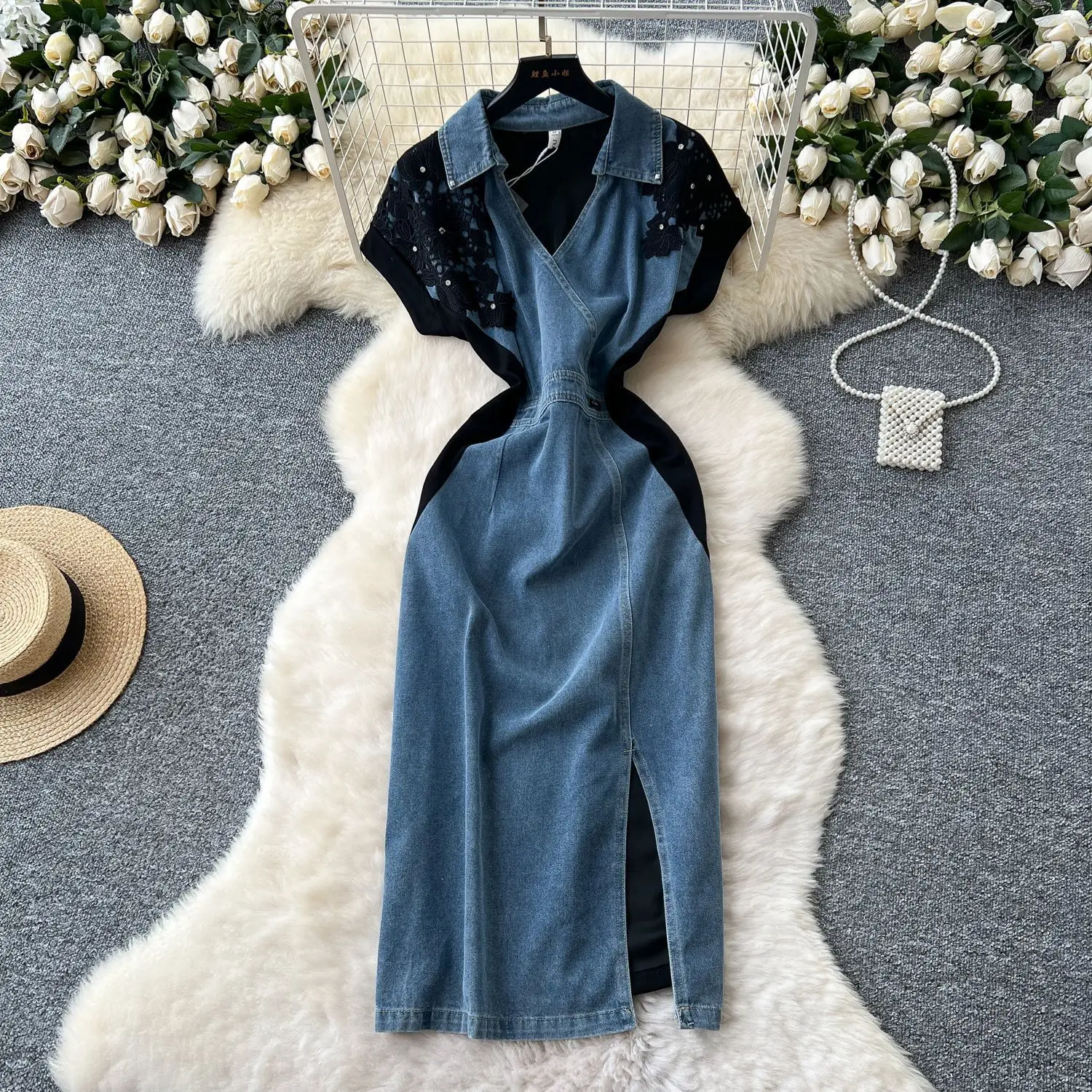 

Women Long Dress Denim Dresses A Line Vestidos Y2k Streetwear V Neck Short Sleeve Lace Sexy Elegant Party Night Work Tight Waist