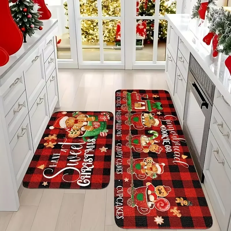 VIKAMA 1/2 Stück Weihnachts-Lebkuchenmann-Küchenteppich, weiche, rutschfeste Matte, Flur, Waschküche, Heimdekoration