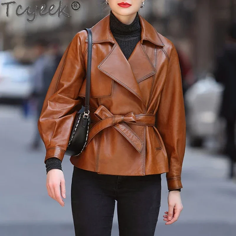 Tcyeek blouson de moto en cuir véritable de mouton pour femme, marron, à ceinture courte, printemps-automne