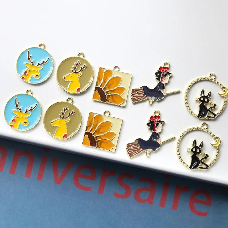 10pcs Alloy Drip Oil Cartoon Giraffe Riding A Broom Girl Listed Diy Handmade Jewelry Earrings Keychain Accessories Charms