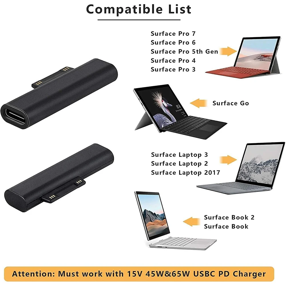 USB C타입 PD to DC 커넥터 어댑터, 태블릿 고속 충전 플러그 충전기, Surface Pro 7 6 5 4 Go Book 노트북과 호환 가능