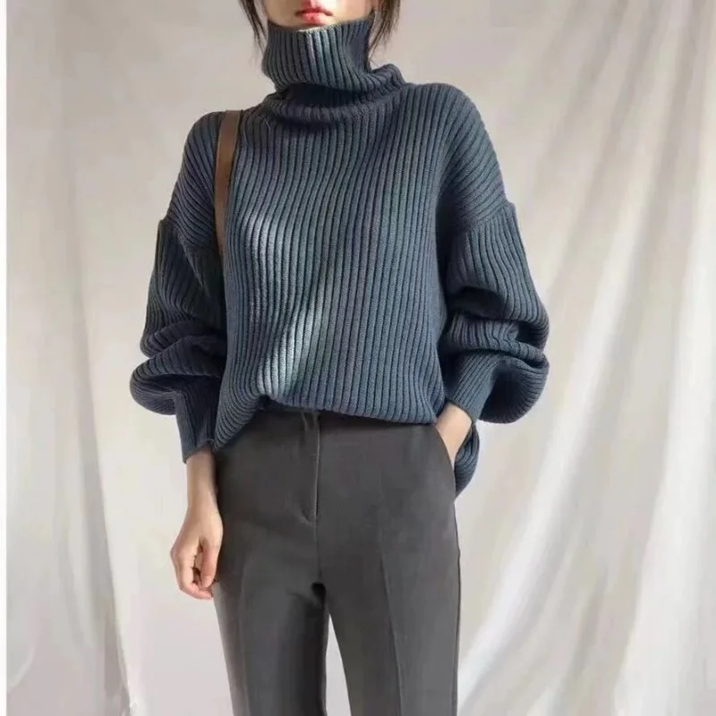 Korean retro solid color lantern sleeve loose knit sweater 2024 solid color lazy fashion turtleneck base blouse woman