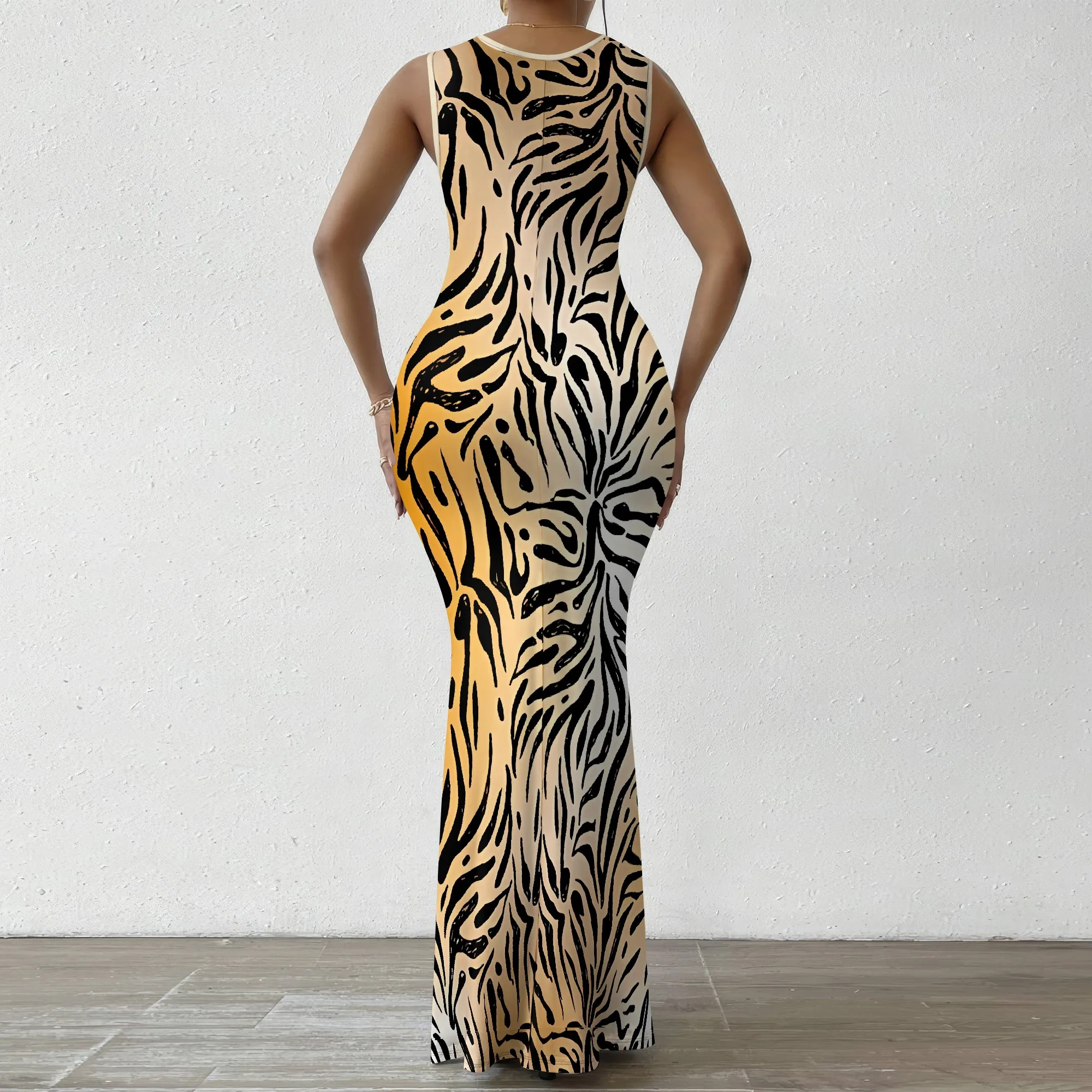 Abito aderente a zigzag verde giallo con scollo a V senza maniche, vestibilità slim, maxi abito da donna, abito da festa estivo