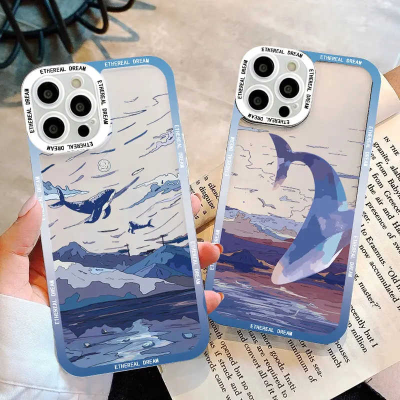 Fantasy Wal klar Handy hülle für iPhone 14 13 12 11 Pro Max Se2 8 7plus x xr xs Anime bunte Wale Wolke transparente Abdeckung