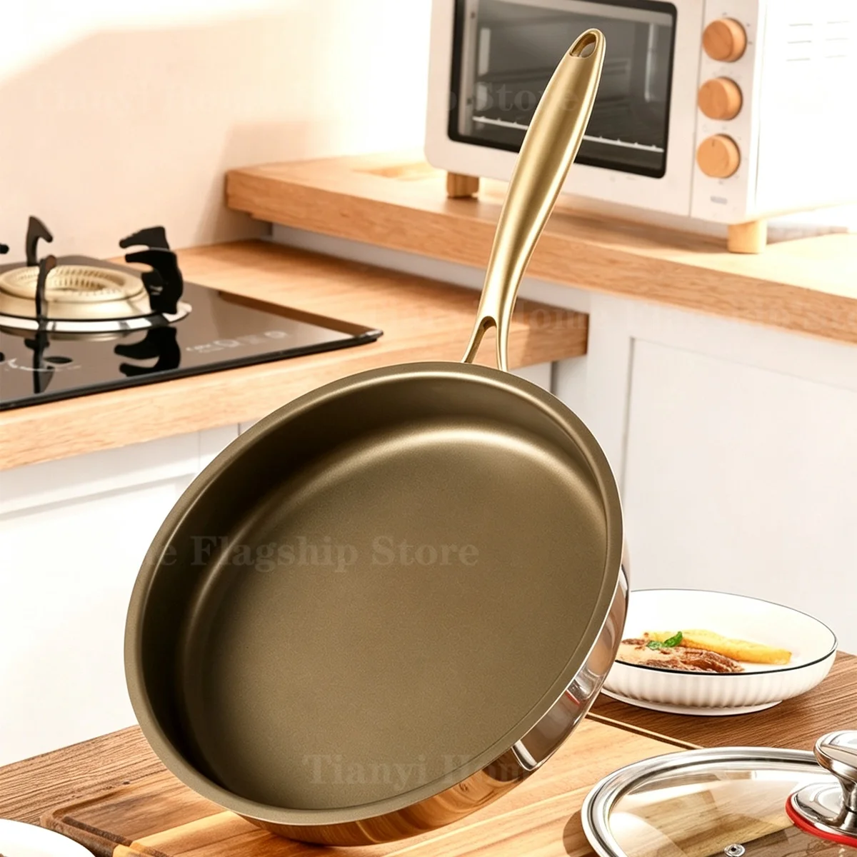 Sartén de Acero Inoxidable y Titanio Antiadherente, Wok para Huevos y Filetes, Apta para Cocina de Inducción y Estufa de Gas, Utensilio de Cocina