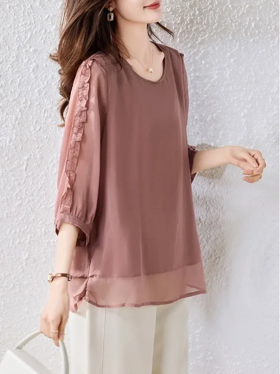 Ele Chiffon irt f Sve Cover Belly Donna Summer Faion plus Size Loose Fit rotondo Ne Top di media lunghezza