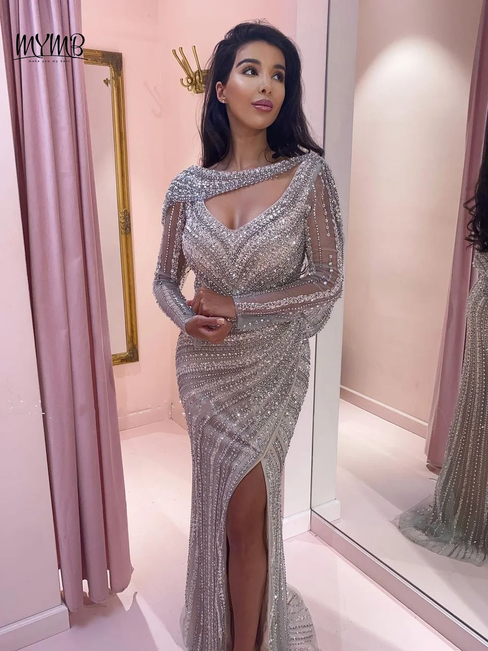 

MYMB Silver Elegant Long Sleeves Mermaid Evening Dresses for Wedding Party High Split Beaded Women Formal Ball Gowns DSL62482L