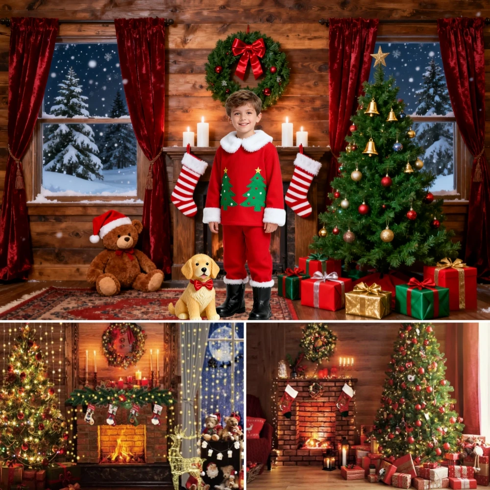 

Winter Christmas Photography Background Wooden Floor Snow Night Window Fireplace Xmas Tree Theme Children Family Party Prop