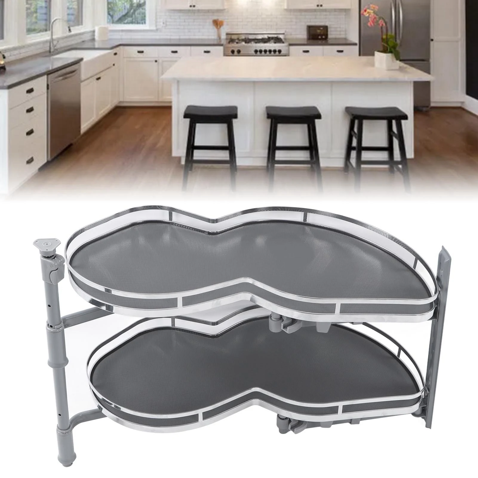 Blind Corner Cabinet Shelf Strong Load Bearing Stable Placement Blind Corner Cabinet Tray Height Adjustable 2 Tier for Kitchen