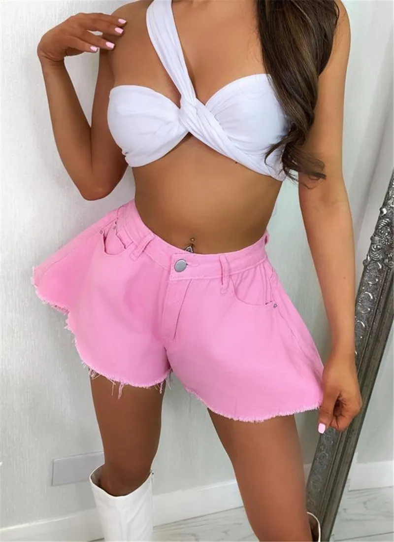 Donne di Estate di modo di Stile Allentato Shorts di Colore Solido Metà di Vita Del Denim Panno Svasato Shorts Rosa Grigio Bianco Casual Street