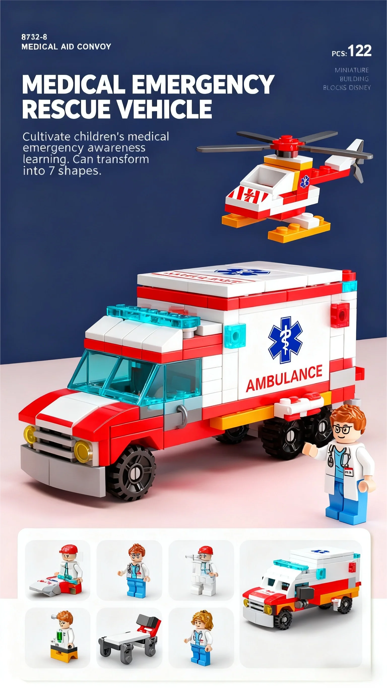 6-in-1 Mega-Stadt-Baukasten - Polizeiauto, Feuerwehrauto, Kran, Panzer, Hubschrauber & Mehr, Bauingenieur-Spielzeug Geschenk – Detail 8