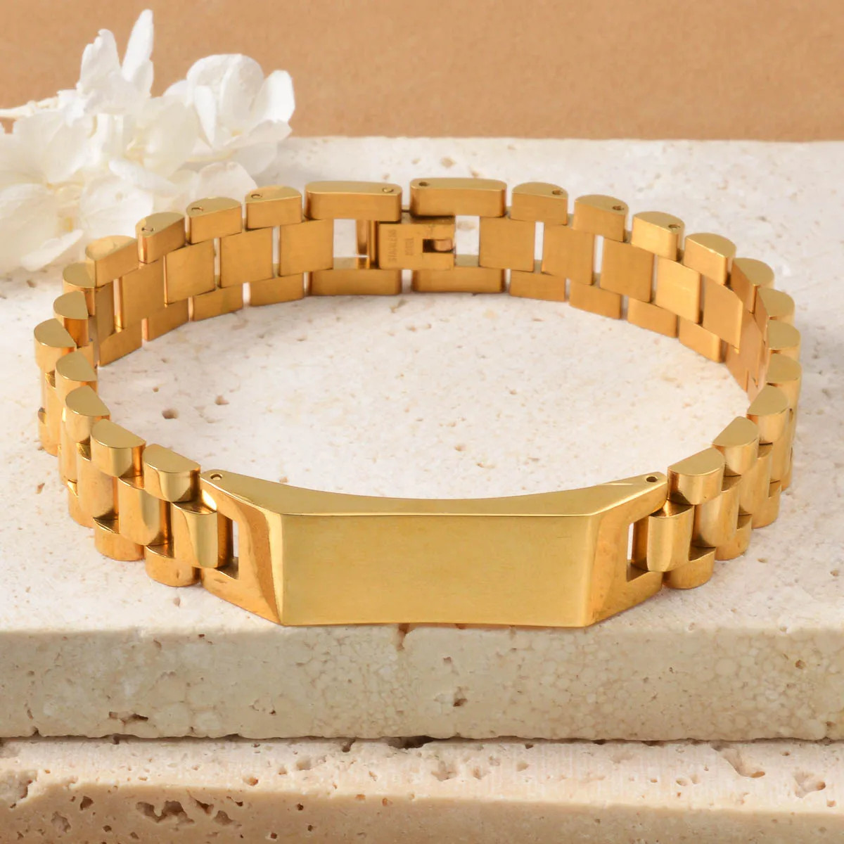 Stainless Steel Gold Plated Bangle Women Simple Bracelet Workplace Daily Matching Luxury Texture Jewelry Anniversary Birthday