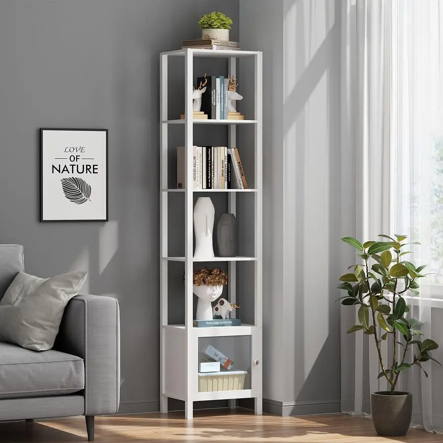 

6 Tier Bookcase and Bookshelf, Narrow Book Shelf with Door for Small Space, for Living Room, Office, Study, Entryway, White BS03