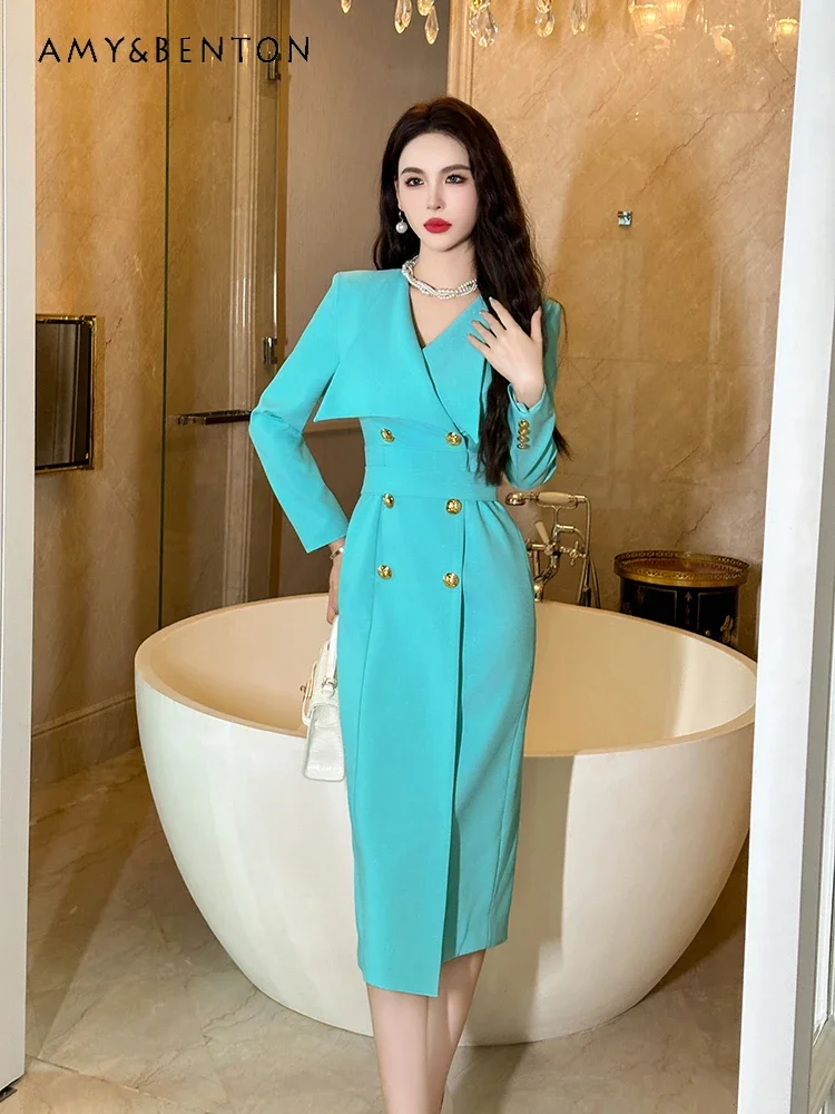 

Hepburn French Temperament Retro V-neck Belt Slim Midi Dress for Women Autumn New Commuter Style Double-breasted Graceful Dress