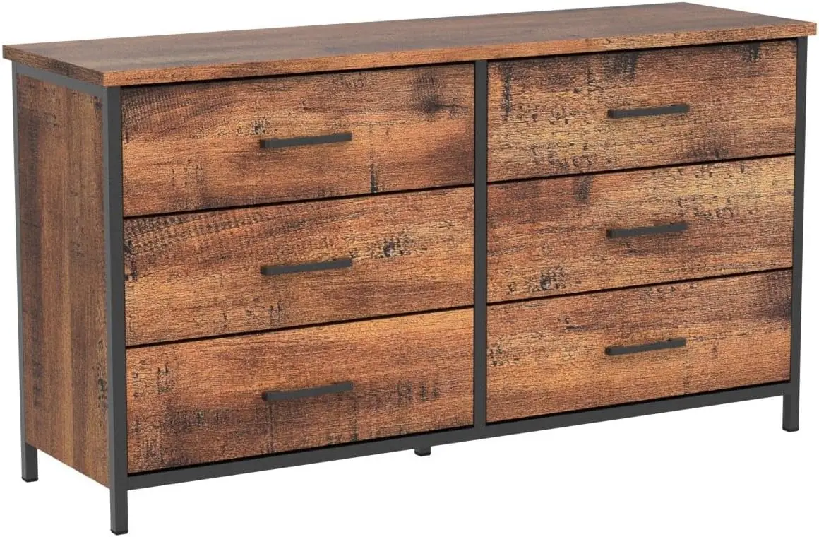 6 Drawer Double Dresser, Industrial Wood Storage Dresser Clothes Organizer with Sturdy Steel Frame