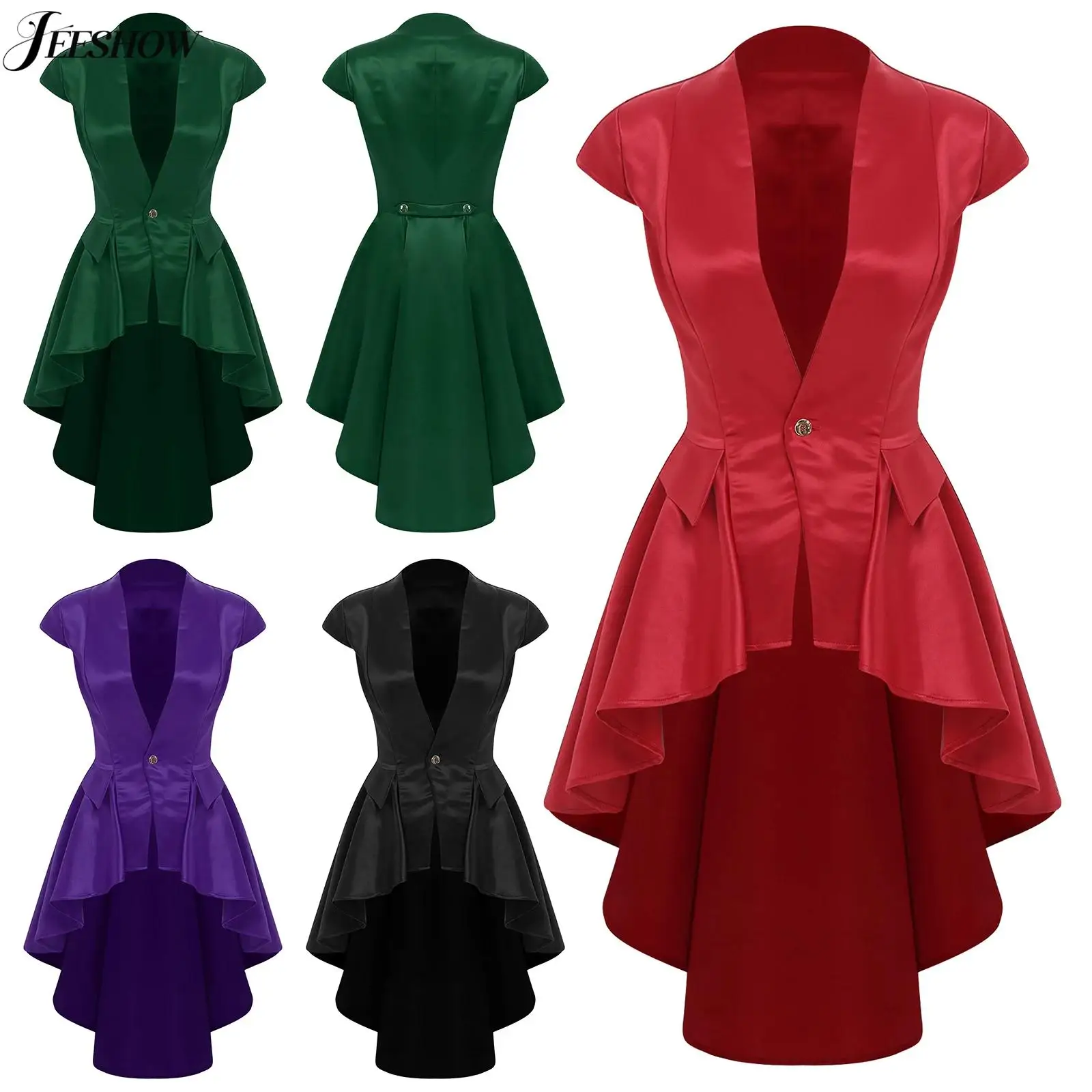 

Womens Medieval Gothic Steampunk Sleeveless Jacket Renaissance Victorian Deep V Neck Button Tail Coat Jacket Halloween Costume