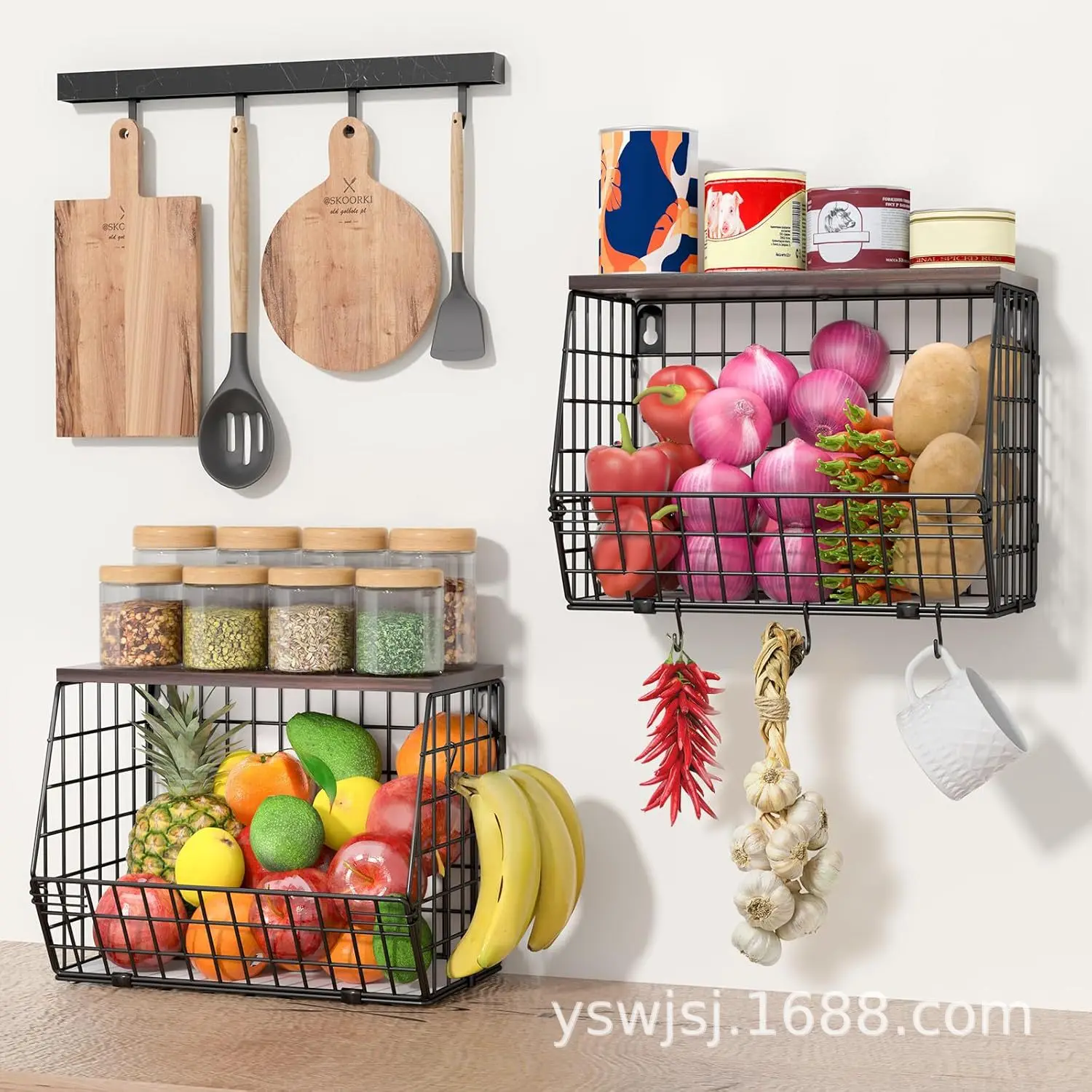 Kitchen rack wall hanging removable stacking cabinet storage basket multi-functional countertop seasoning tank finishing rack