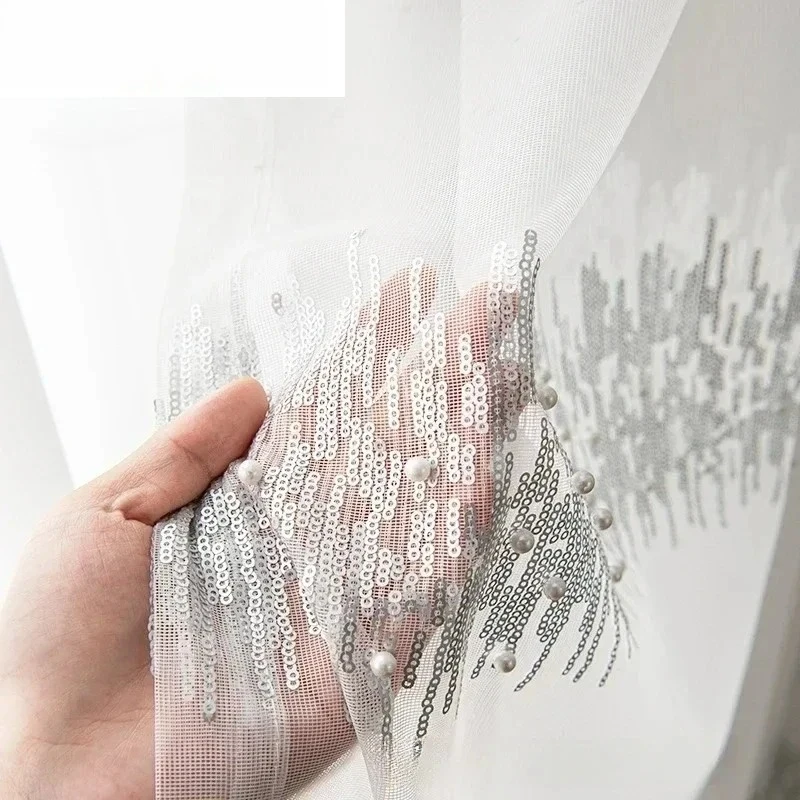 Fashion Pearl Sequins White Tulle Grey Luxury Sheer Curtains for Living Dining Room Bedroom  Window Screen Decor