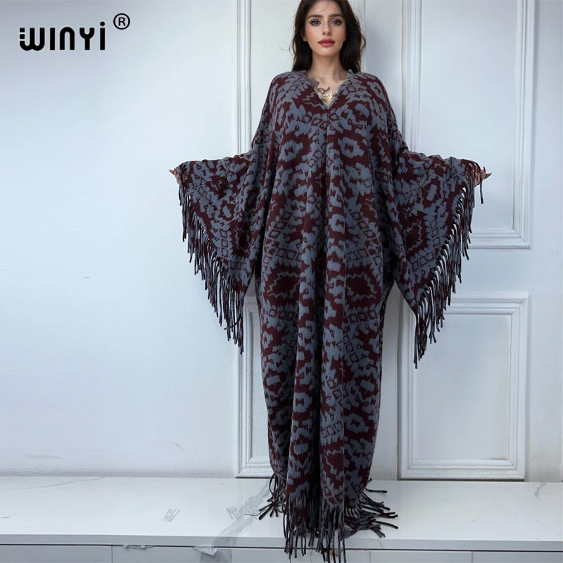 WINYI print Comfort Warm fashion Tassel dress Elegant Africa Boho winter maxi kaftan for women party long down dress loose abaya