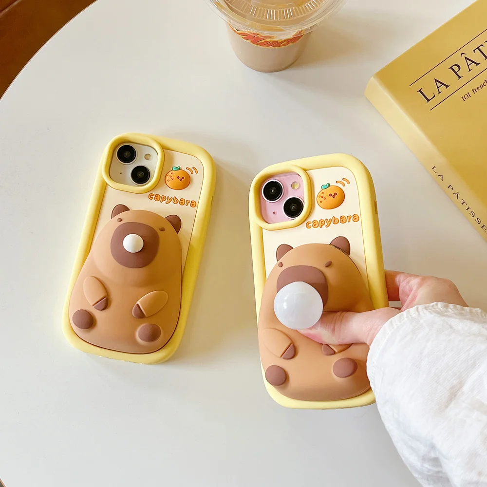 

3D Cute Cartoon Reduce Pressure Capybara Phone Case For iPhone 11 12 13 14 15 16 17 Pro Max, Soft Silicone Case, Back Cover Skin