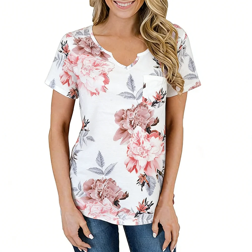 

2026 New European & American Style Women's Spring Summer V-neck Short-sleeve Printed T-shirt - Soft Temperament Loose Casual