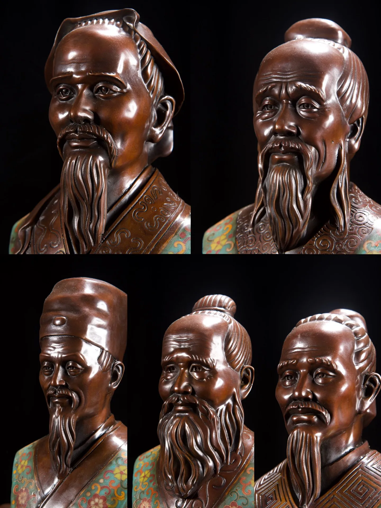 Old Bronze Cloisonne EnamelThe Five Great Doctors Half body statue Set Hua Tuo Bian Que Li Shizhen Study Amass wealth Ornament