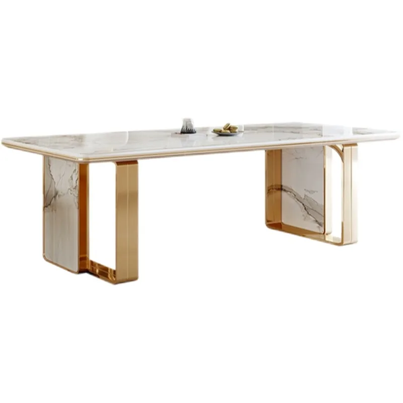 

Light luxury glossy rock slab dining table and chair combination modern simplicity