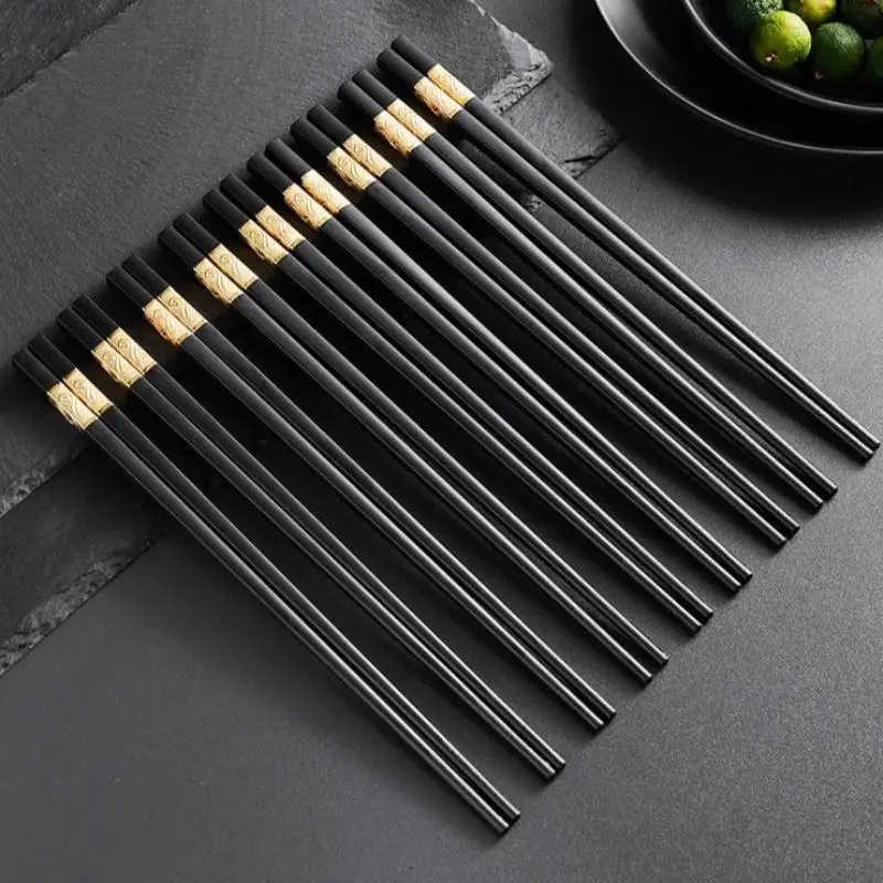 10 Pairs Household  And Anti-mold Alloy Chopsticks With Gold Pattern Non Slip And Heat Resistant For Home Kitchen