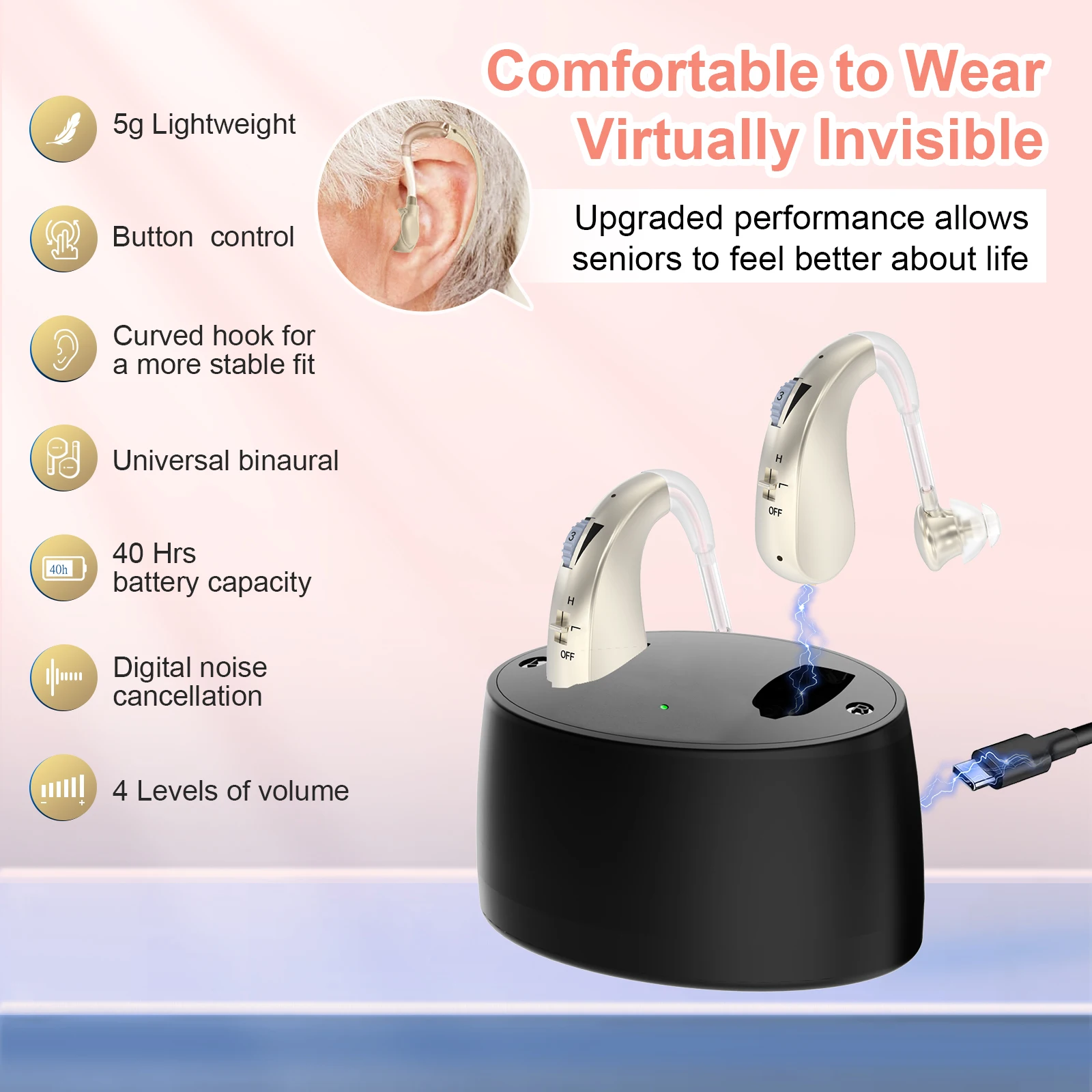 高齢者向け充電式補聴器、ノイズキャンセリングと音量調節機能付き大人用補聴器