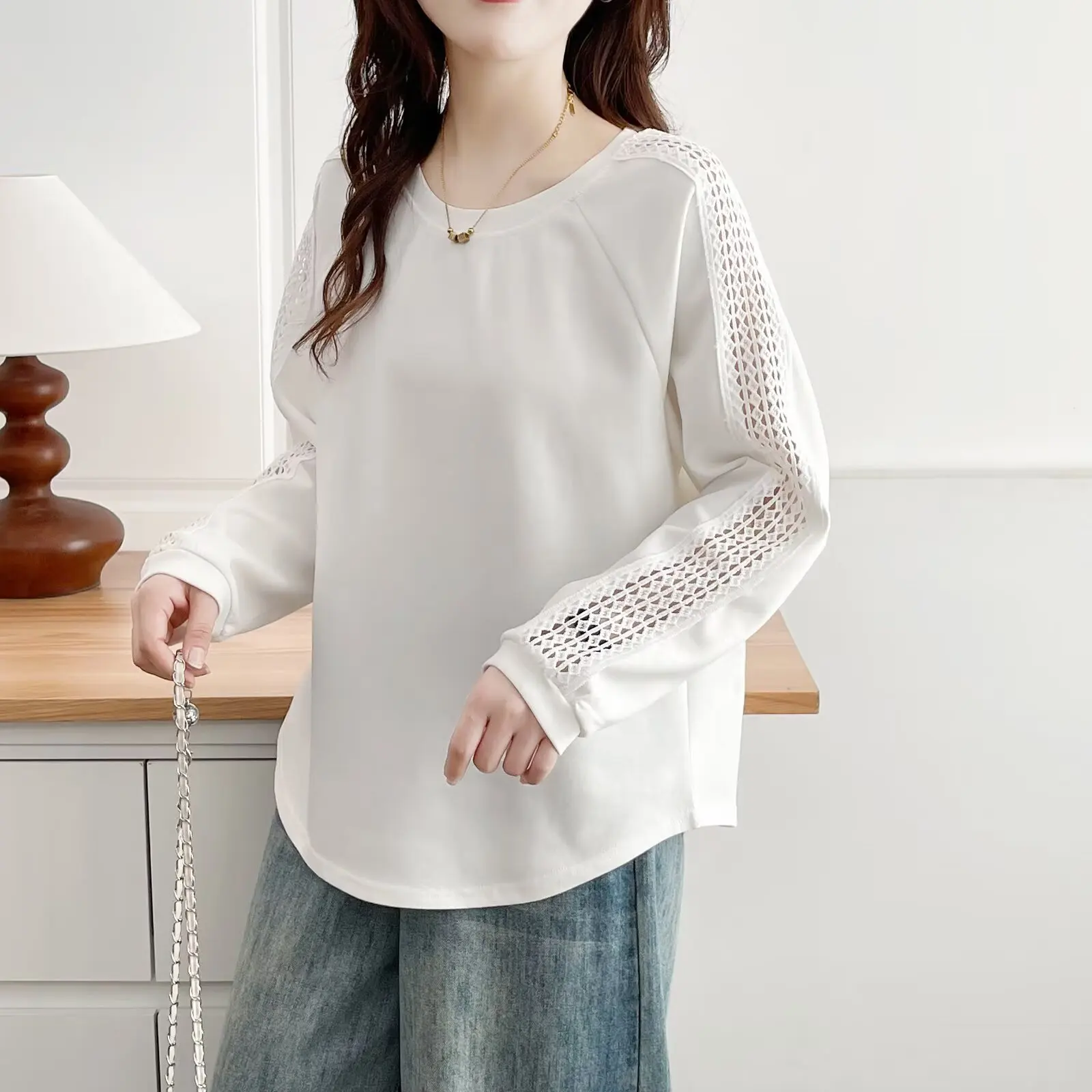 

Женская толстовка больших размеров, осень 2023, новая модная ажурная лоскутная толстовка с длинными рукавами 2506