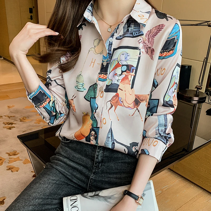 

Ladies Korean Fashion Casual Printing Shirts Blouse Women Tops Woman Button Up Shirt Female Girls Long Sleeve Blouse Py8655-1