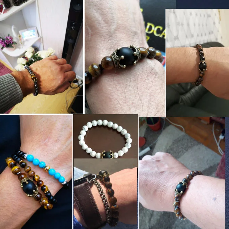 Kirykle 2024 New Charm Men\'s Bracelet Fashion Luxury Alloy Crown Tiger Eye Stone Bead Bracelet Jewelry for Women Men