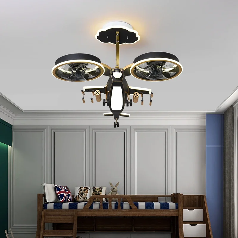 Children\'s room airplane fan chandelier boys and girls bedroom lights fashion, simple modern personality cartoon LED lamps